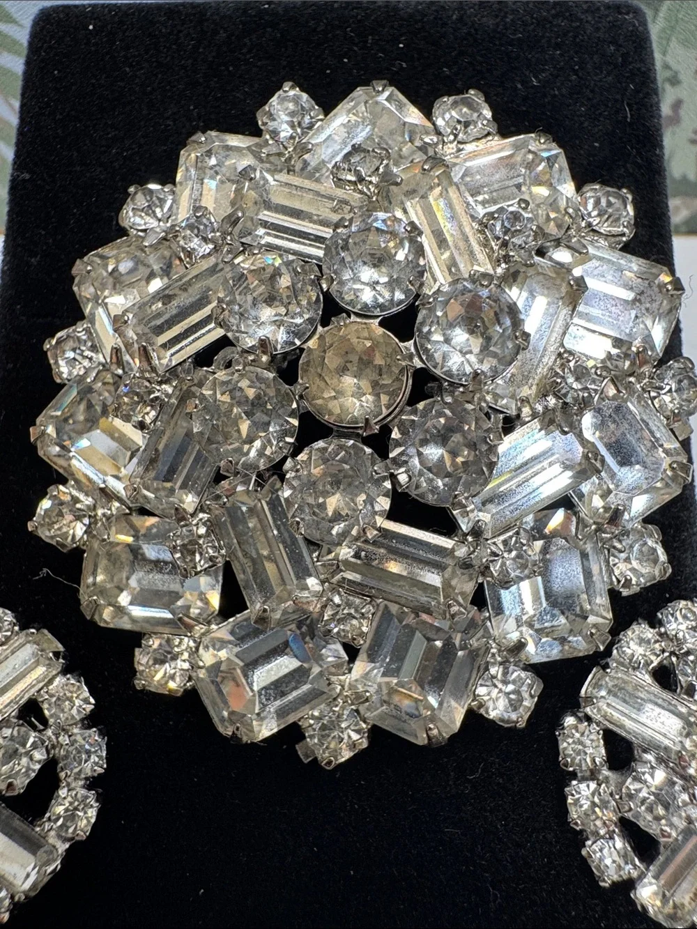 Albert Weiss Clear Crystal Cluster Brooch with Matching Clip Earrings